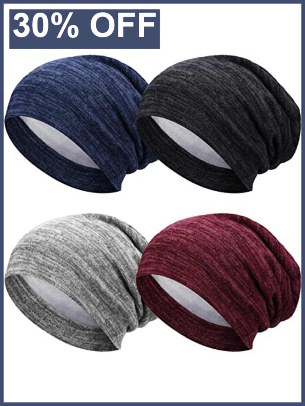 Satin Lined Sleep Cap Beanie - 4 Pack, Hair Protection, Breathable, Stretchy